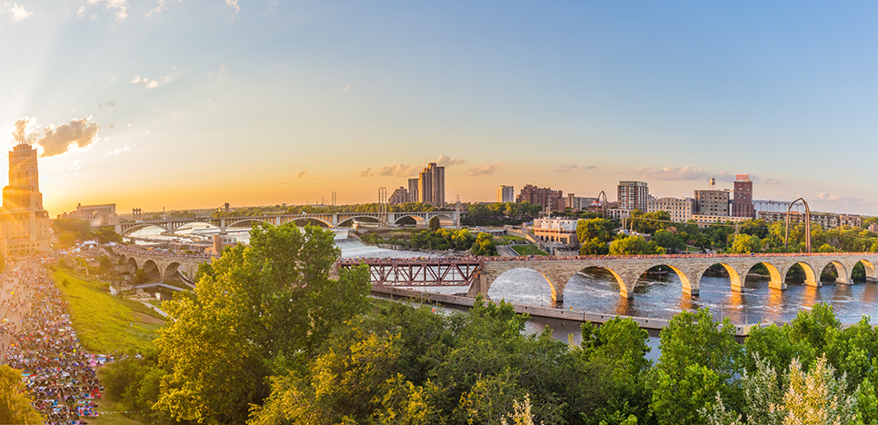 Minneapolis Minnesota at sunset on the Mississippi river,
