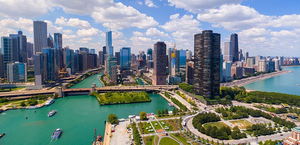Aerial drone photo panorama of Downtown Chicago by the Navy Pier
